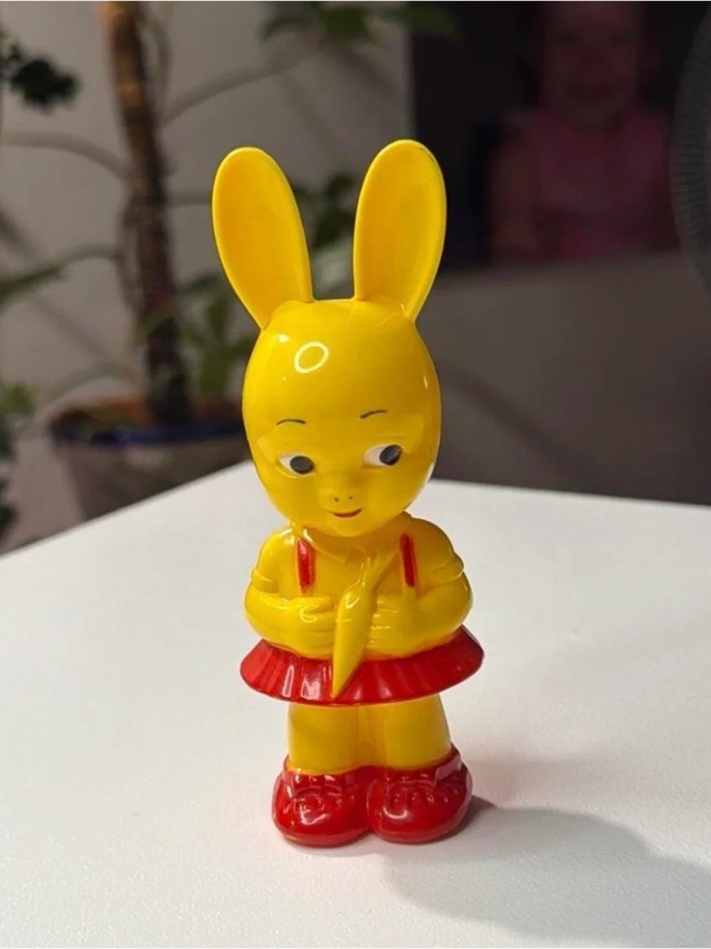 (825-3) Vintage 1950s Knickerbocker Yellow Plastic Bunny Girl Rattle Figurine